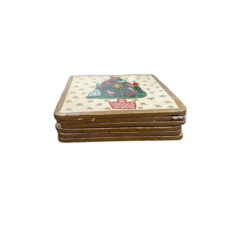 Foreside Painted Christmas Coasters Wooden Glossy Glaze With Box